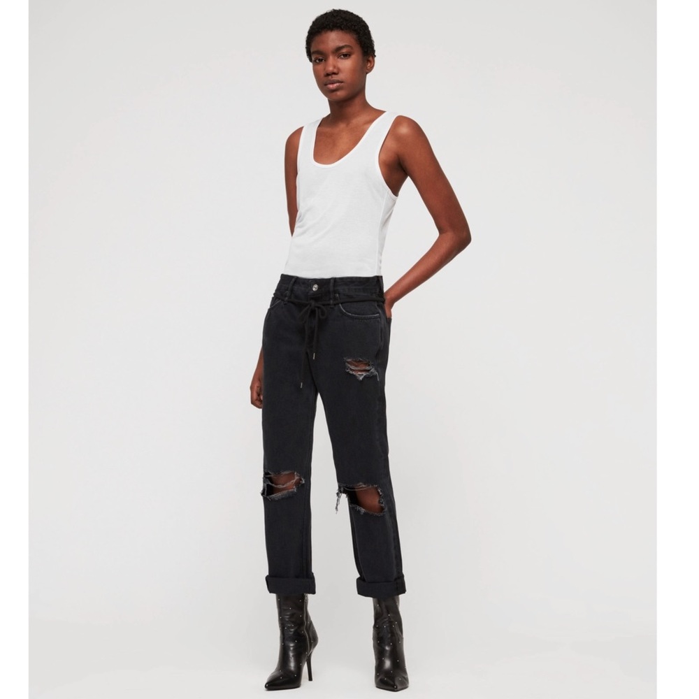 AllSaints Alana Boyfriend Low-Rise Ripped Jeans, Washed Black